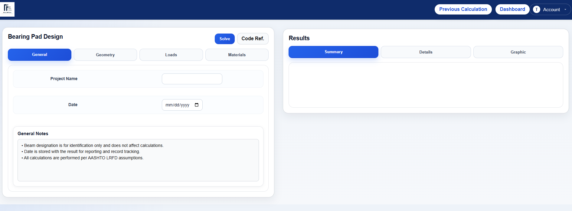 Bearing Pad Design geometry input screen