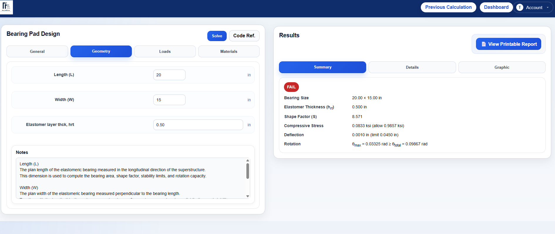 Bearing Pad Design result screen showing pass or fail checks
