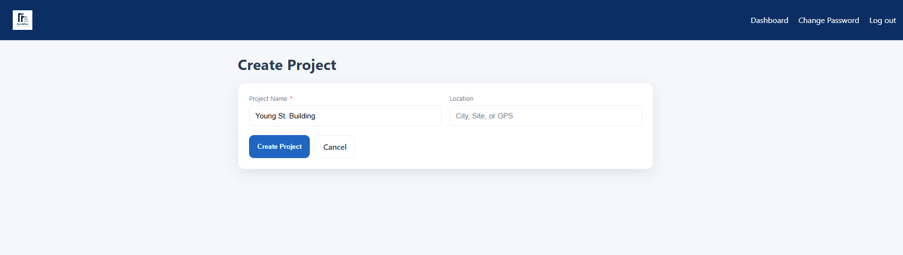 Create Project screen with project name and location fields