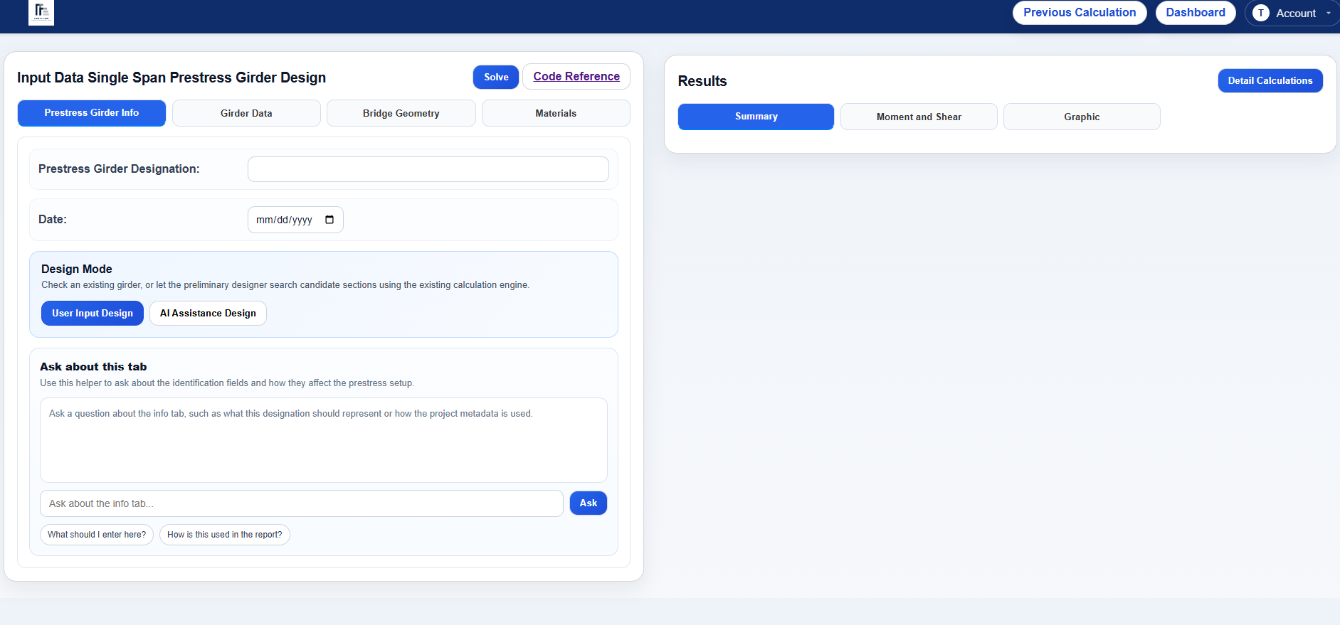 Prestress Girder Design input screen with results workspace